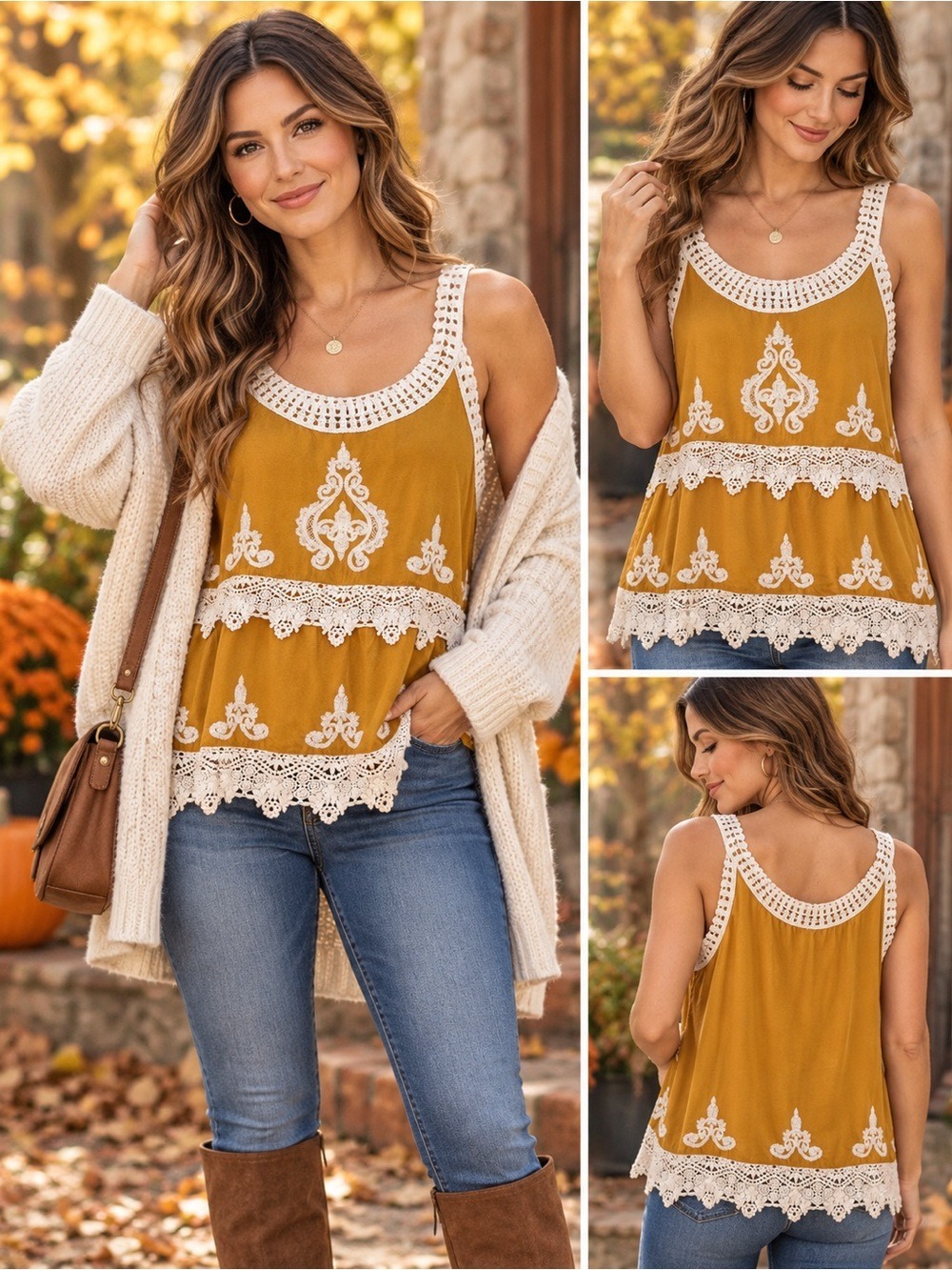 Dex Mustard Camisole with White Crochet Lace L